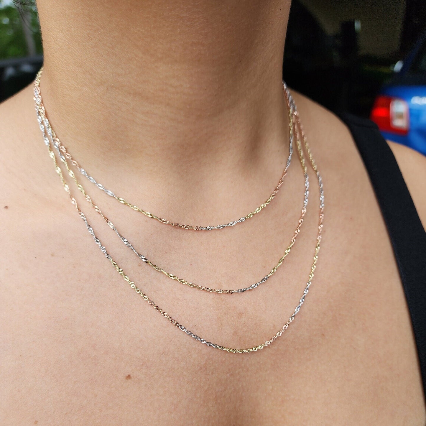 Real 14k Gold Dainty Tricolor Shiny Chain - 1.5MM - 16", 18", 20" - Sparkling And Unique - Perfect Gift For Her - For Girls And Women