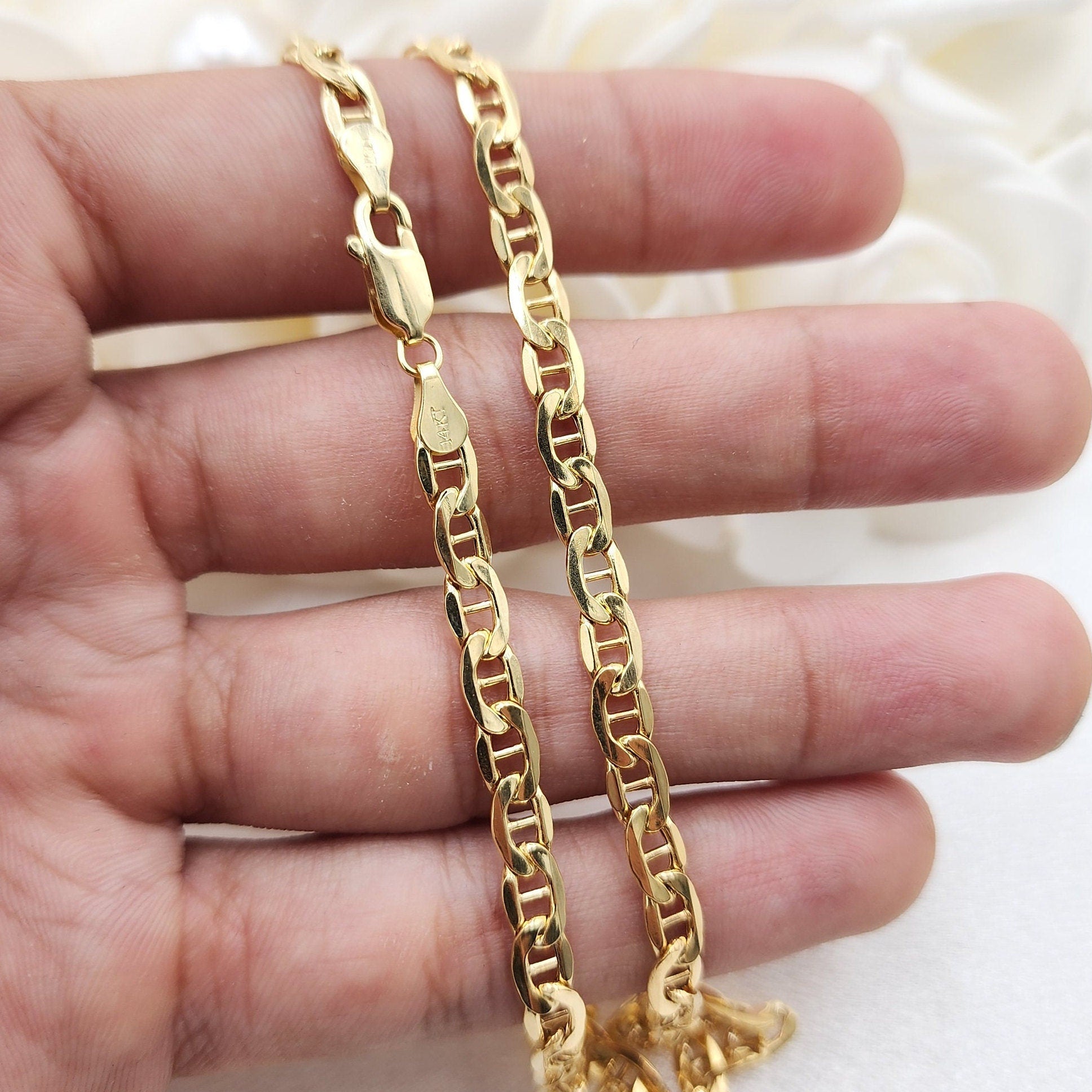 Real 14k Gold Thick Mariner Anchor Link Chains - 2.5mm, 3.2mm, 4.8mm - Elegant & Versatile