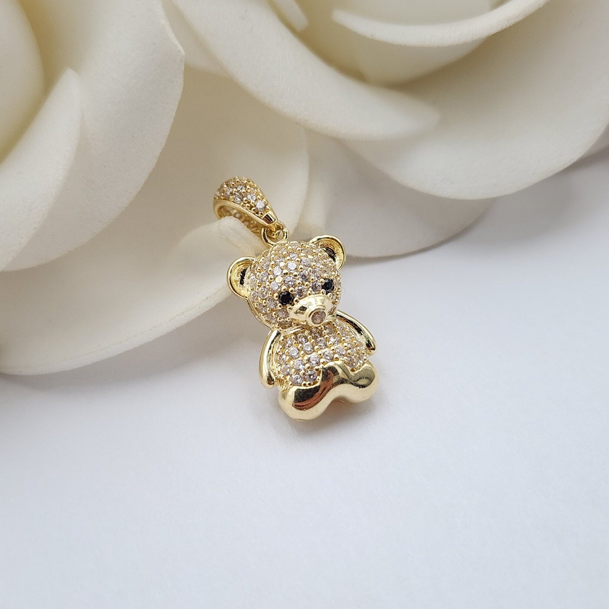 Solid 14k Gold 3D Teddy Bear Pendant - iced out - CZ - Pave - modern jewelry - pendant