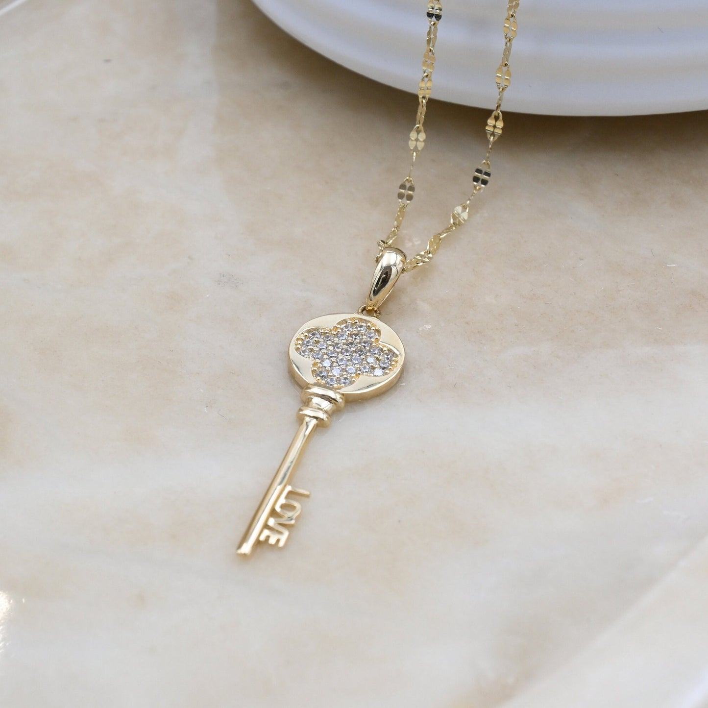 Solid 14k Gold Big key Necklace - 14k charm - Fancy & modern - Real Gold