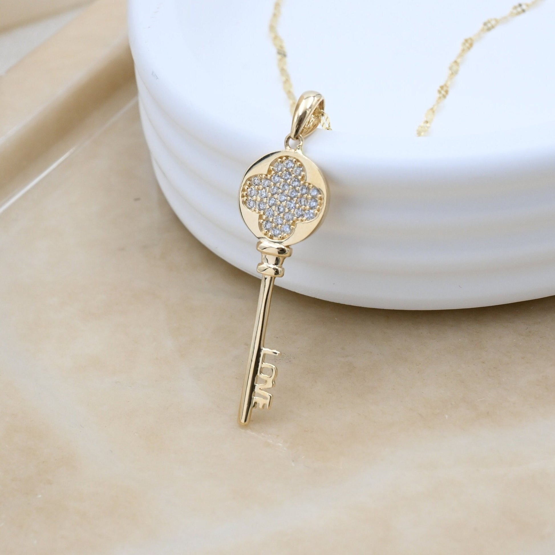 Solid 14k Gold Big key Necklace - 14k charm - Fancy & modern - Real Gold