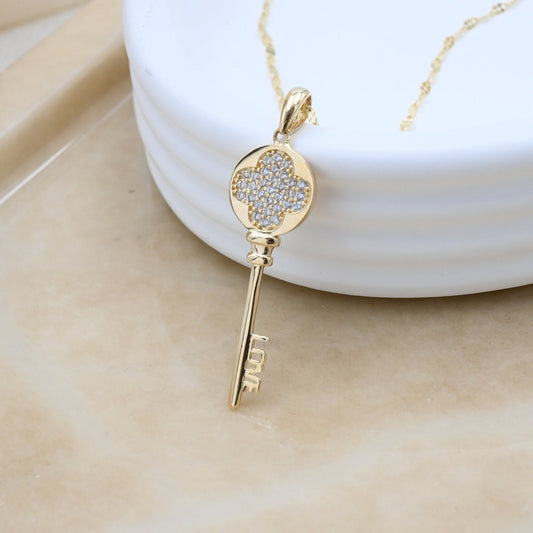 Solid 14k Gold Big key Necklace - 14k charm - Fancy & modern - Real Gold