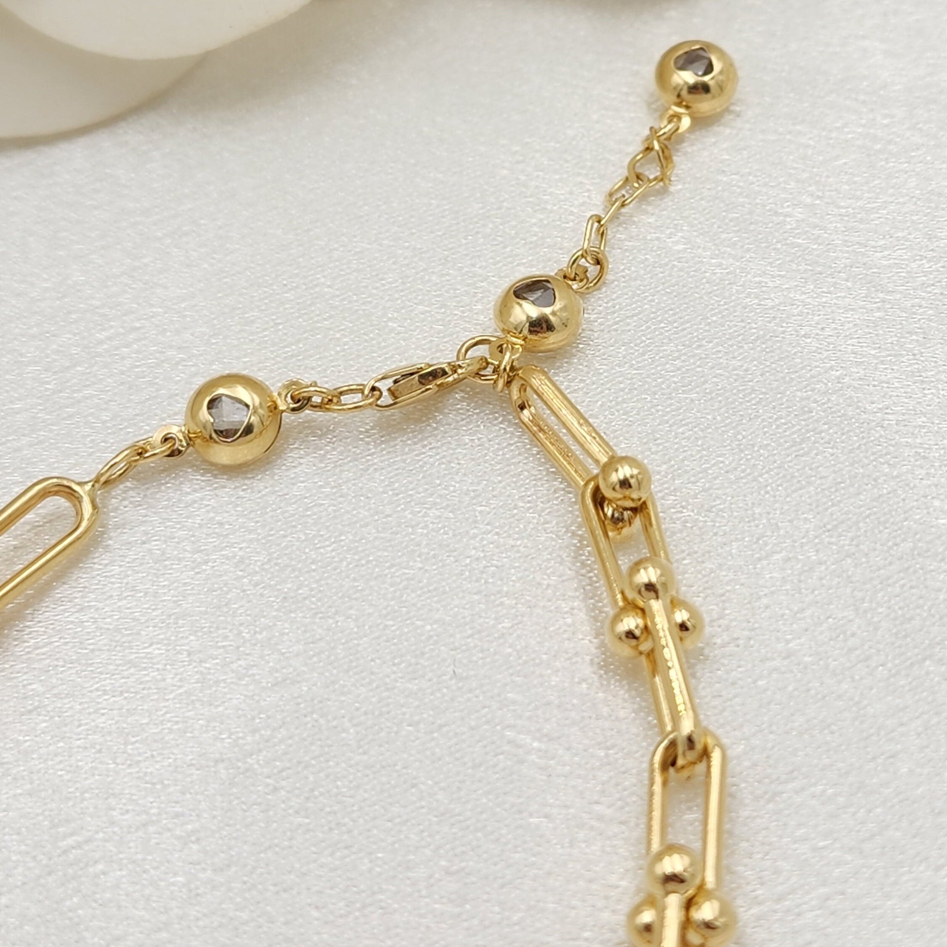 Real 14k Gold Paperclip & Beads Bracelet - Adjustable bracelet - 7.5 inch to 9 inch - For Her