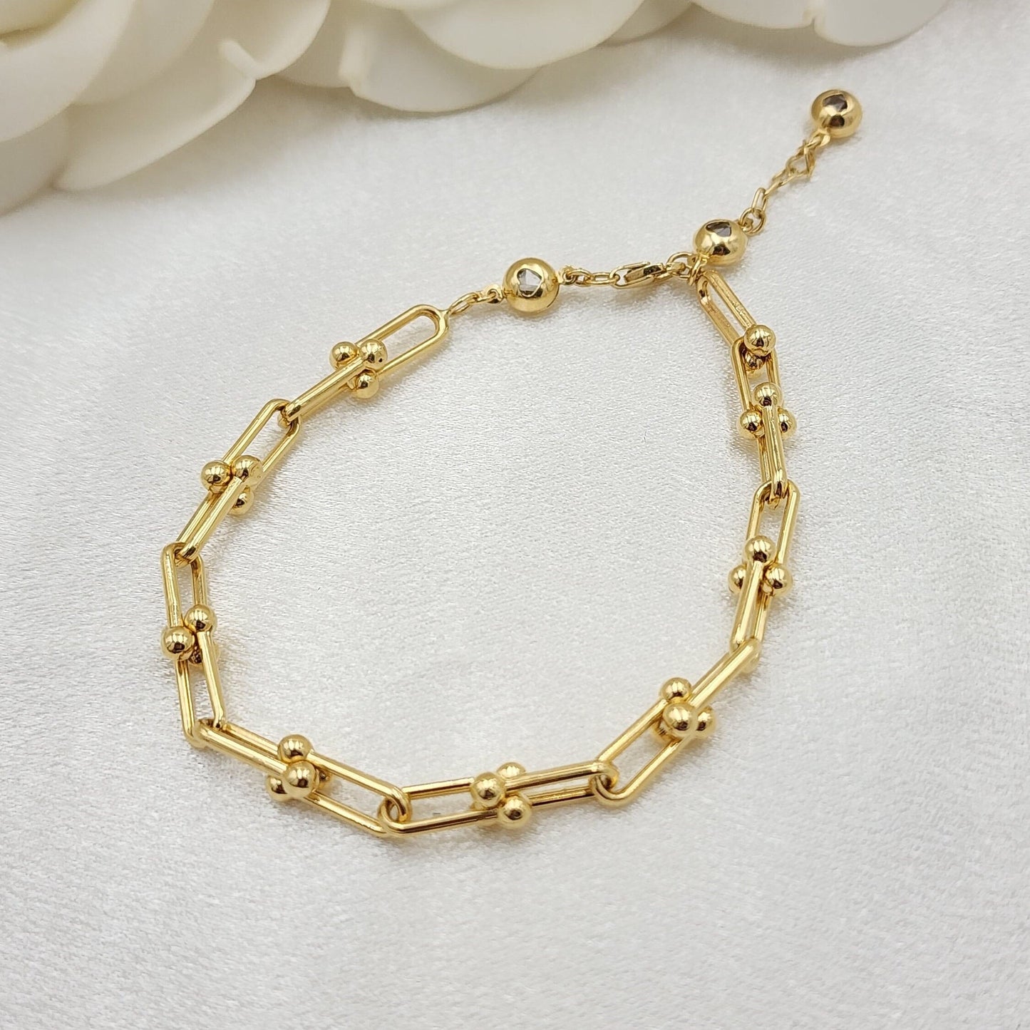 Real 14k Gold Paperclip & Beads Bracelet - Adjustable bracelet - 7.5 inch to 9 inch - For Her