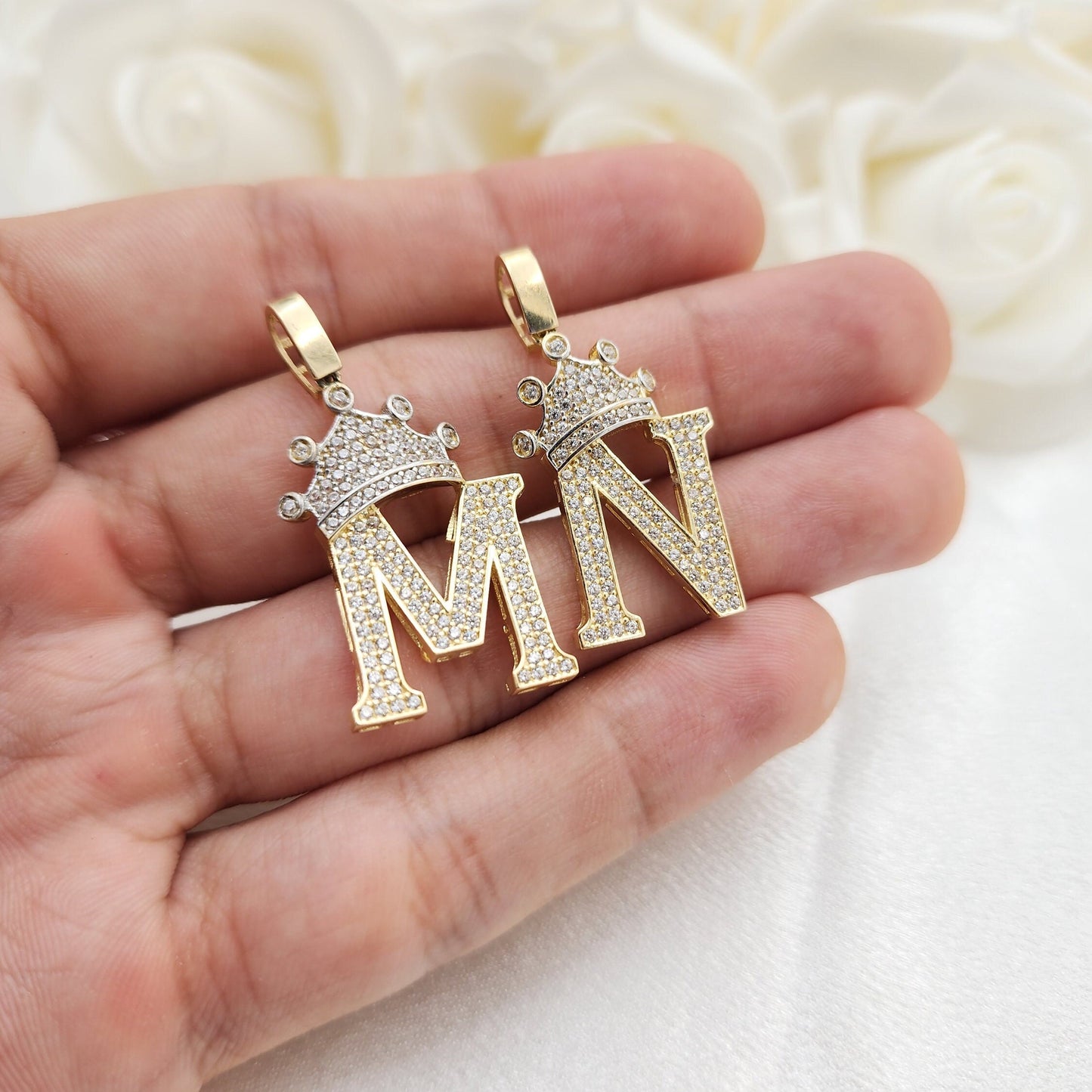 14k Gold Large Crown Initial Pendant - CZ - Real 14k Gold - Unisex - 3D