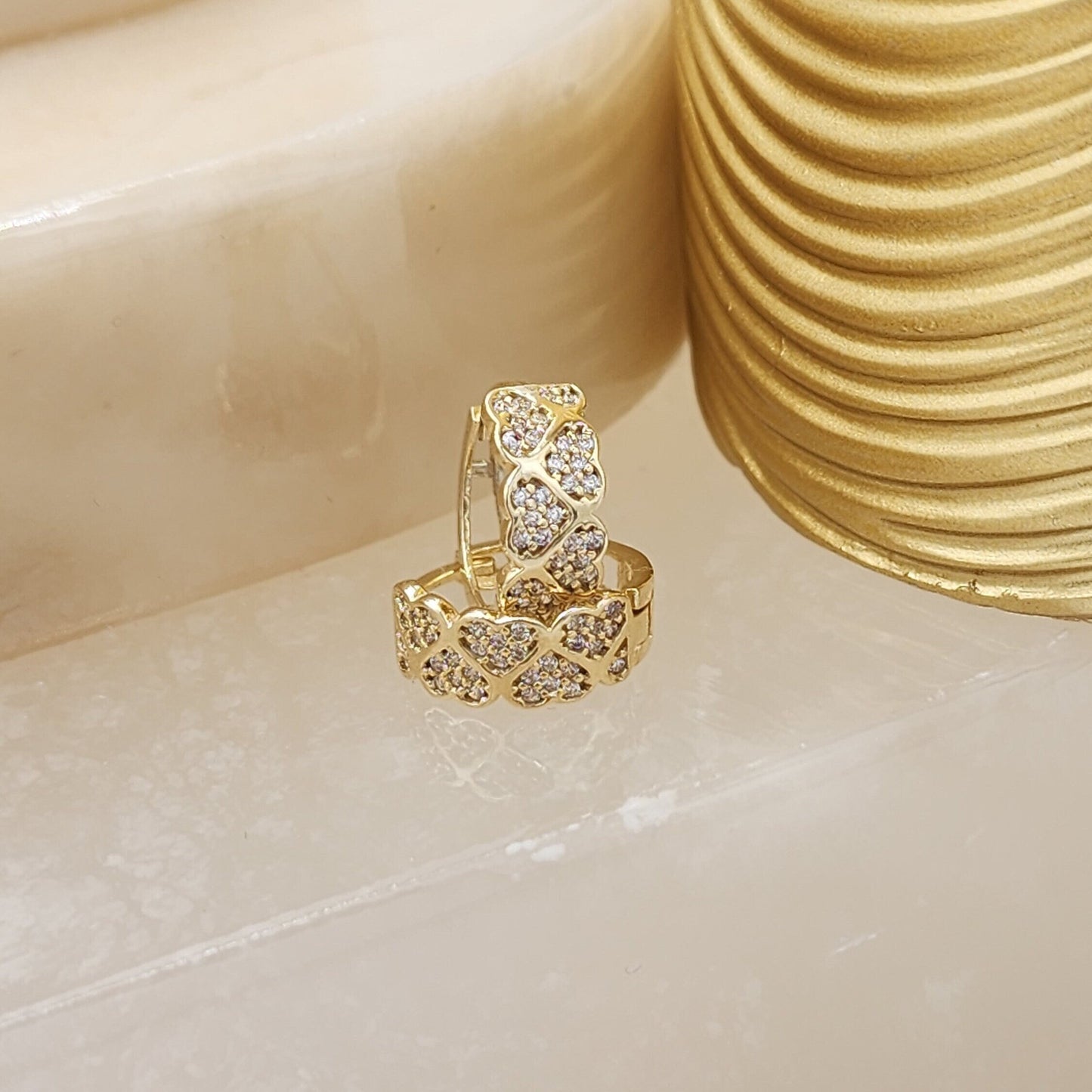 14k Gold Pave Hearts Huggie Earrings - 14mm - 6mm Thick - Elegant & Adorable - Gift For Her