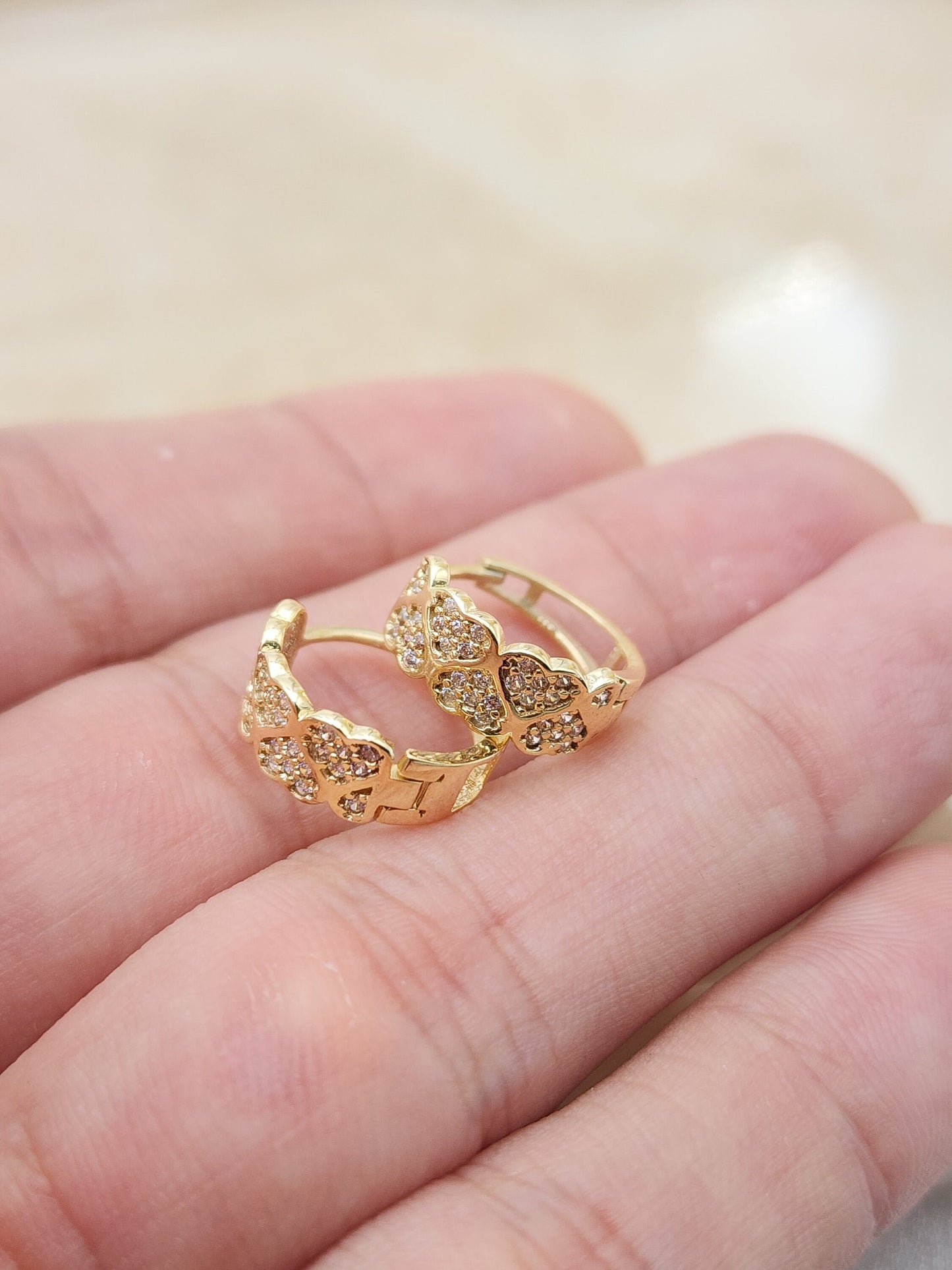 14k Gold Pave Hearts Huggie Earrings - 14mm - 6mm Thick - Elegant & Adorable - Gift For Her