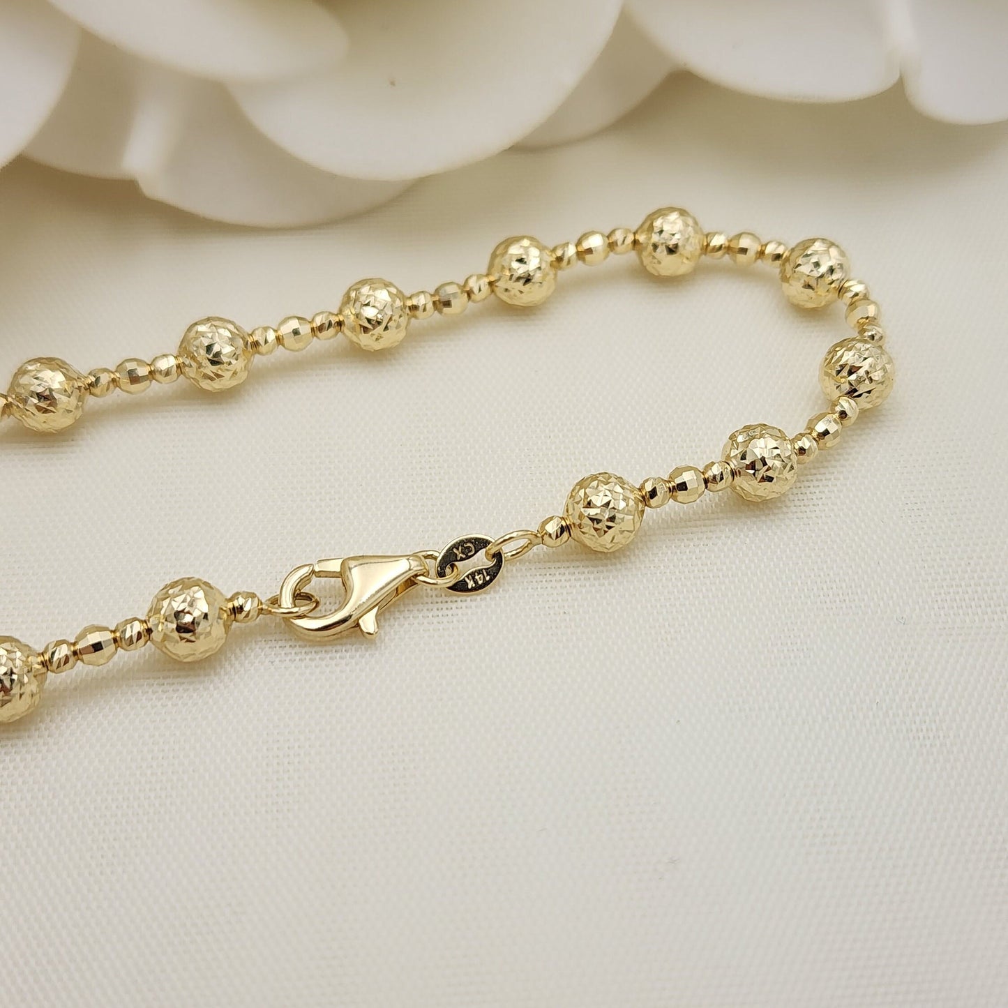 Real 14k Gold Tricolor Gold Shiny Bead Necklace - Diamond Cut - Perfect Gift For Her - White, yellow and rose gold - 16 and 18 Inches