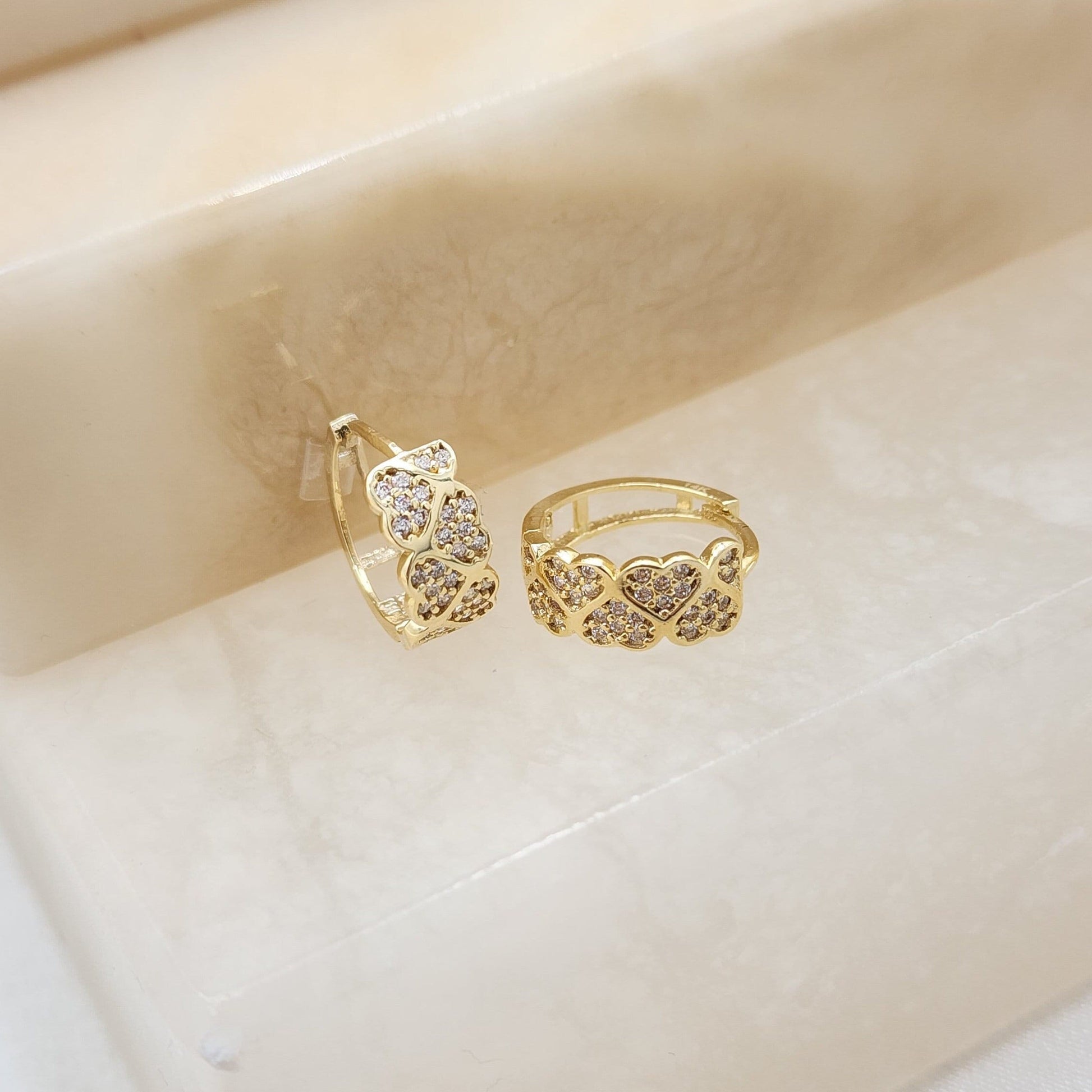 14k Gold Pave Hearts Huggie Earrings - 14mm - 6mm Thick - Elegant & Adorable - Gift For Her