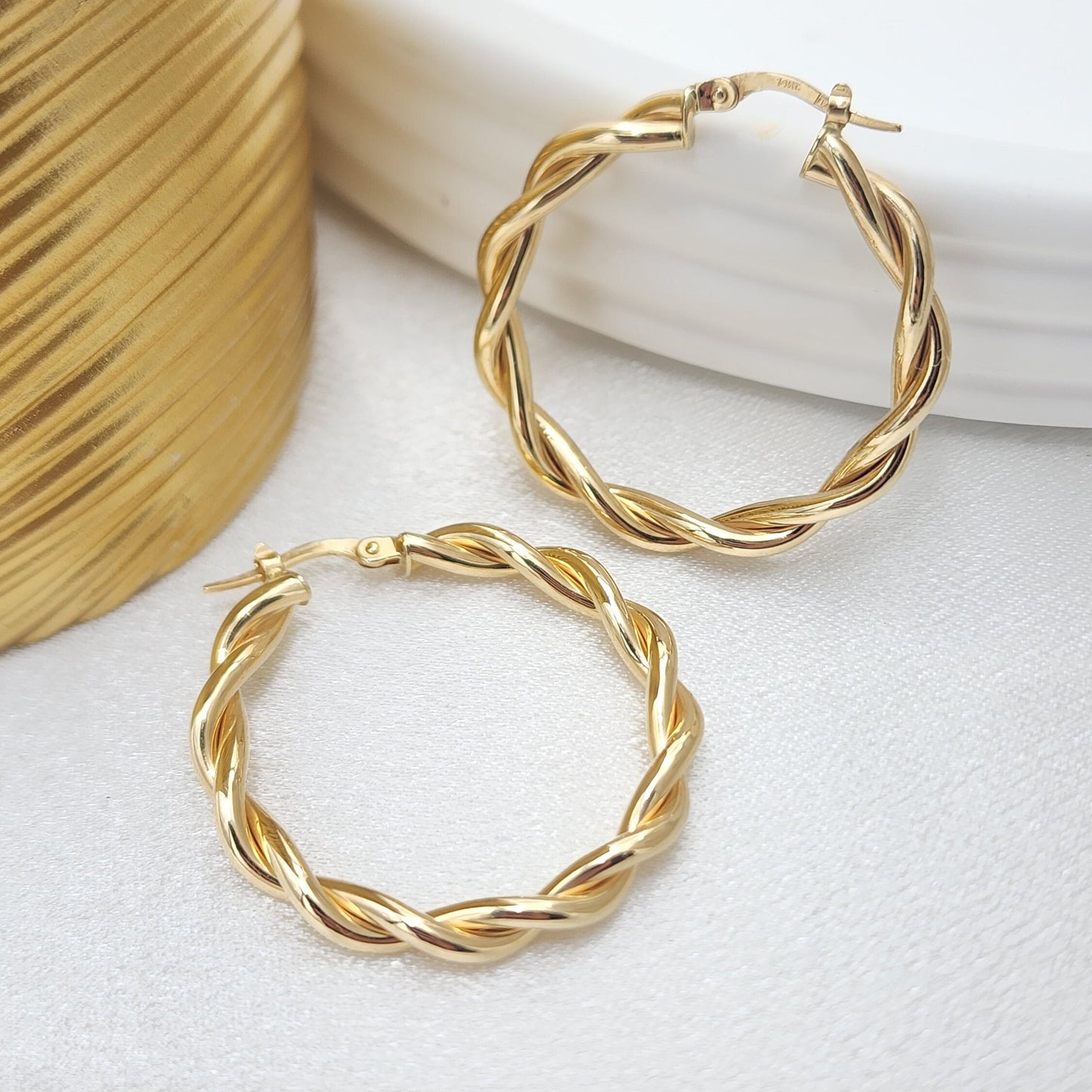 Fine 14k Gold Double Twisted Polished Hoops Earrings - 32mm - 4mm Thick - Elegant & Unique - Gift For Her