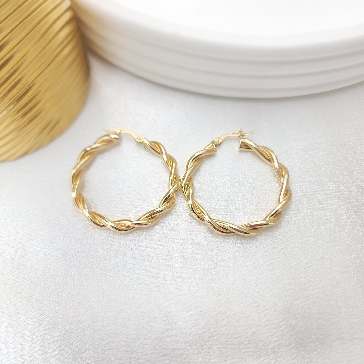 Fine 14k Gold Double Twisted Polished Hoops Earrings - 32mm - 4mm Thick - Elegant & Unique - Gift For Her