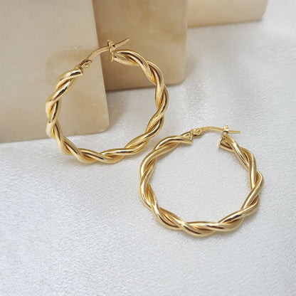 Fine 14k Gold Double Twisted Polished Hoops Earrings - 32mm - 4mm Thick - Elegant & Unique - Gift For Her