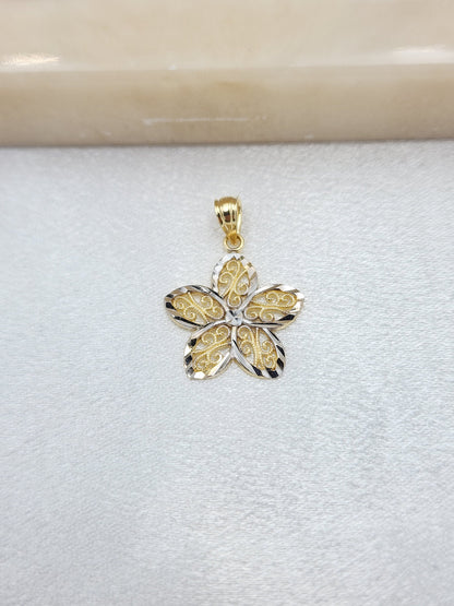 14k Gold 2 Tones Diamond Cut Flower Charm - Perfect Gift - For Her - Unique Jewelry