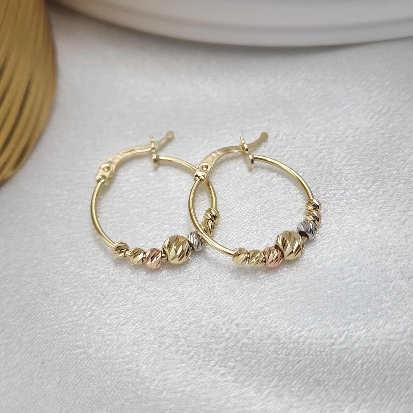 Solid 14k Tricolor Gold Beads Hoops Earrings - Small size - 19MM - Shiny & Modern - Perfect Gift