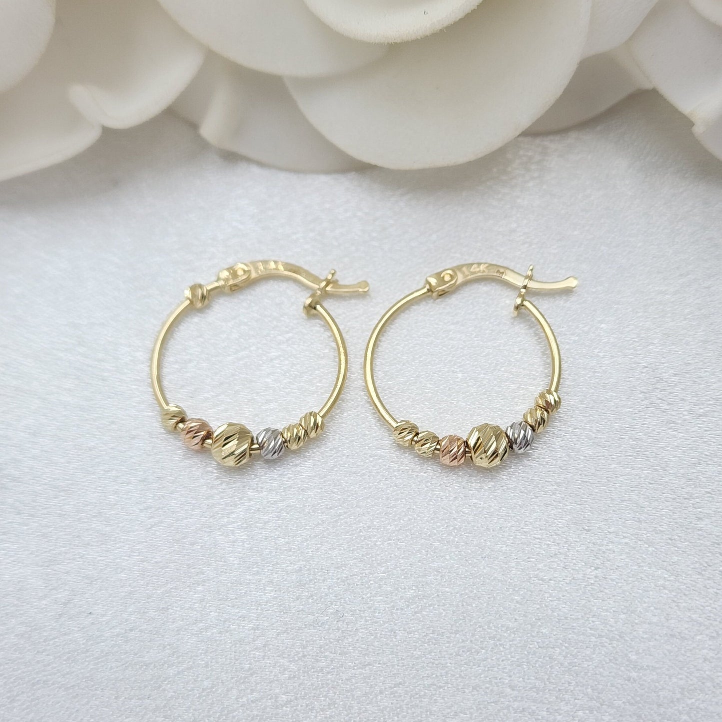 Solid 14k Tricolor Gold Beads Hoops Earrings - Small size - 19MM - Shiny & Modern - Perfect Gift