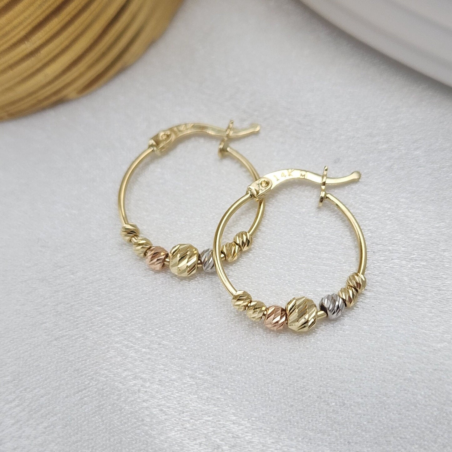 Solid 14k Tricolor Gold Beads Hoops Earrings - Small size - 19MM - Shiny & Modern - Perfect Gift