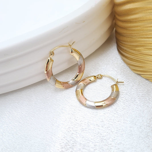 Small 14k Tri color Gold Hoop Earrings - Lightweight & Versatile - For Girls or Women