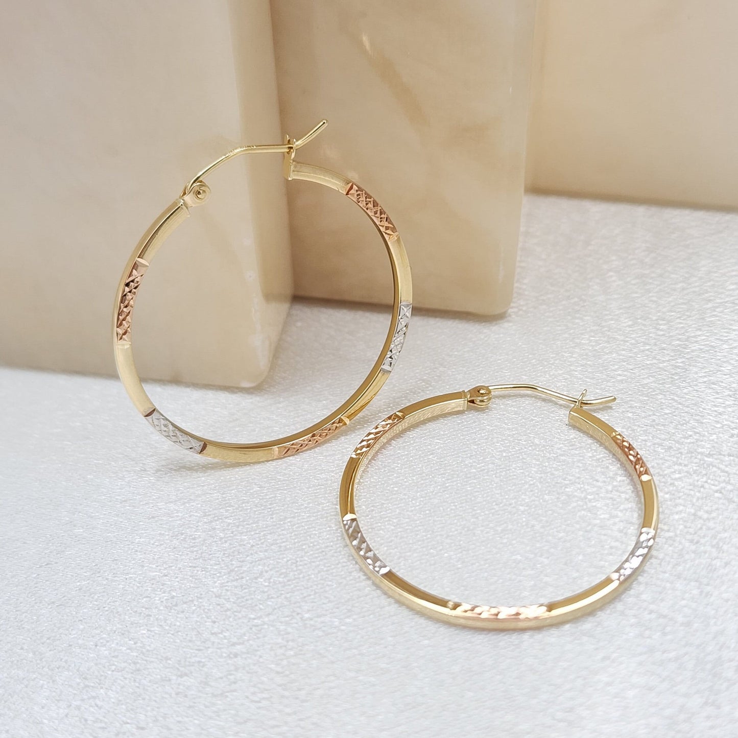 Real 14k Tri color Diamond Cut Gold Hoop Earrings - 1.5mm - 17mm - 25mm - 30mm - Thin & versatile