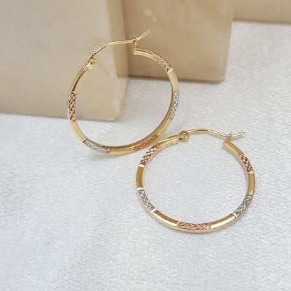 Real 14k Tri color Diamond Cut Gold Hoop Earrings - 1.5mm - 17mm - 25mm - 30mm - Thin & versatile