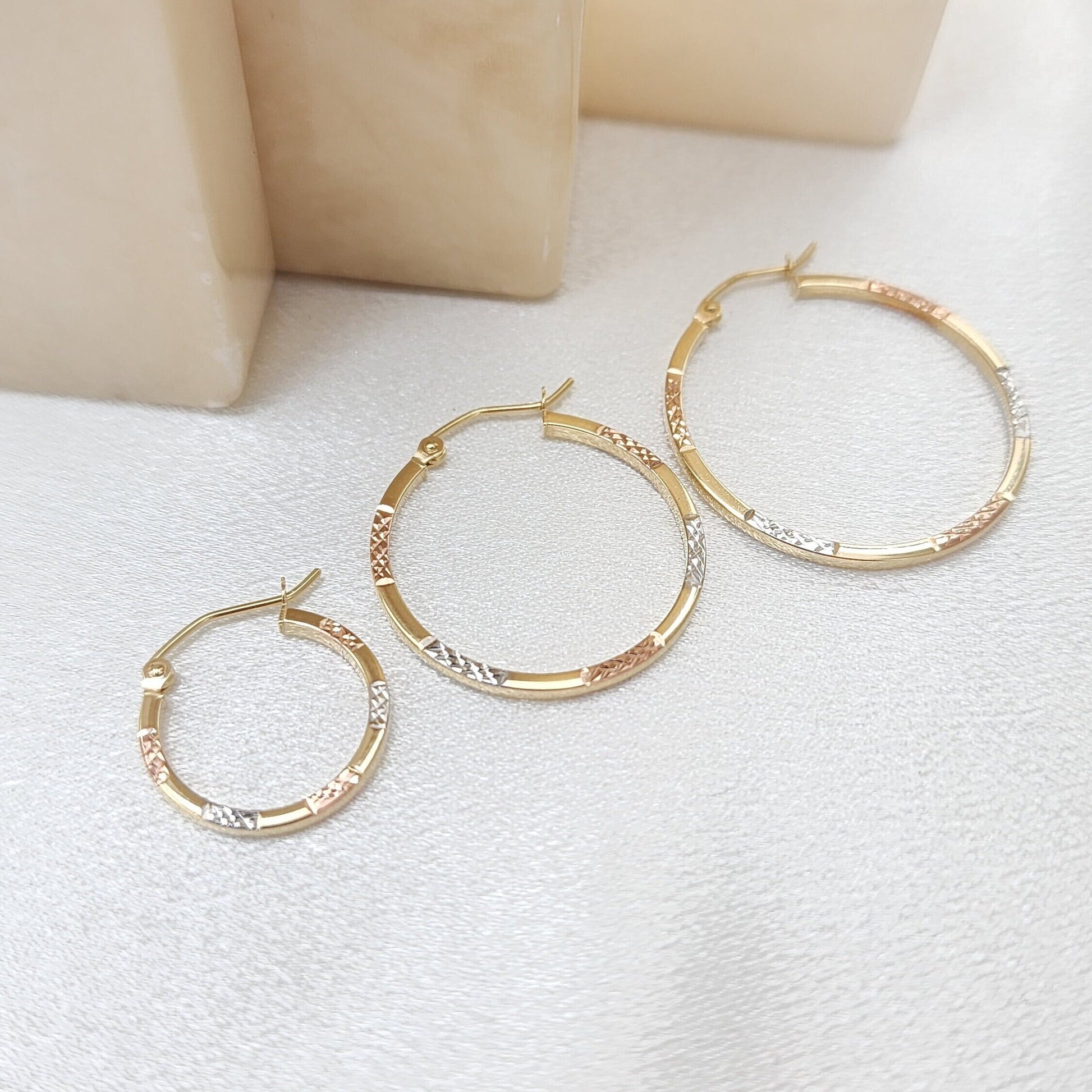 Real 14k Tri color Diamond Cut Gold Hoop Earrings - 1.5mm - 17mm - 25mm - 30mm - Thin & versatile