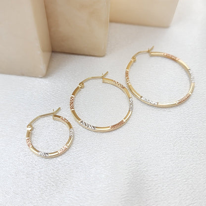 Real 14k Tri color Diamond Cut Gold Hoop Earrings - 1.5mm - 17mm - 25mm - 30mm - Thin & versatile