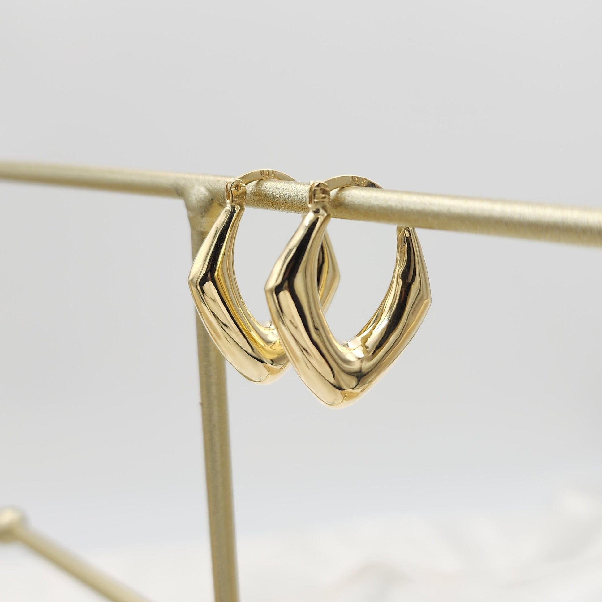 14k Gold Triangular Polished Chunky Hoop Earrings - 7mm Thick - Fancy & Elegant