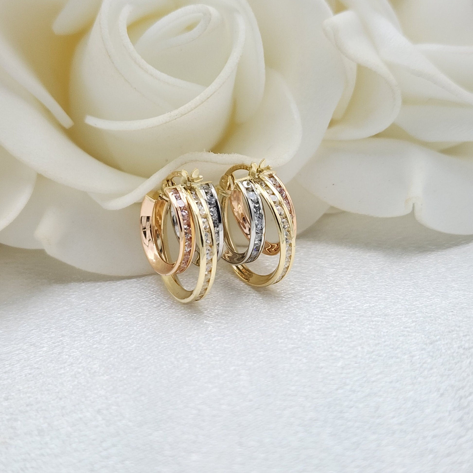 Solid 14k Tricolor Gold CZ Triple Hoop Earrings - 16mm - Unique & Original - Perfect Gift For Her