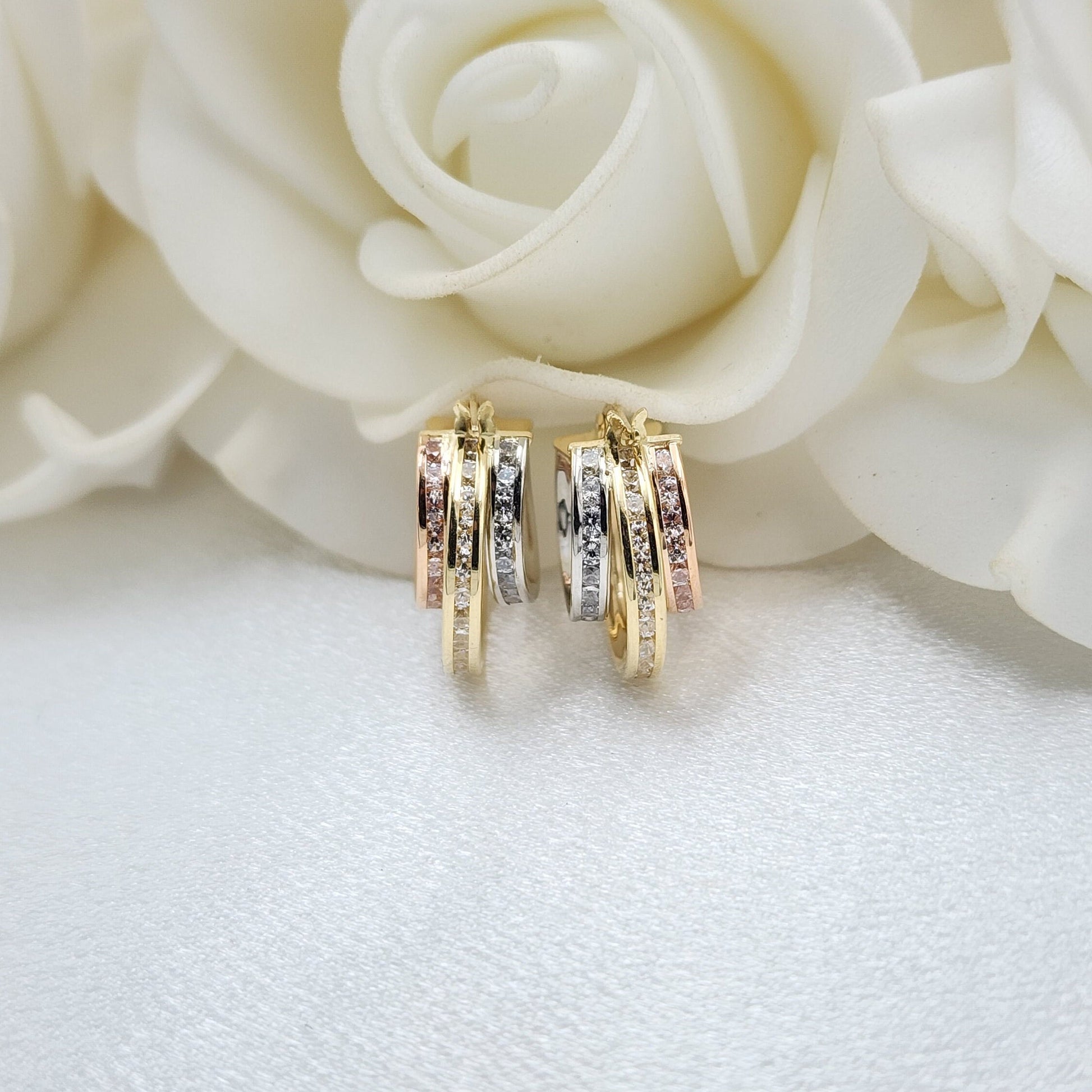 Solid 14k Tricolor Gold CZ Triple Hoop Earrings - 16mm - Unique & Original - Perfect Gift For Her