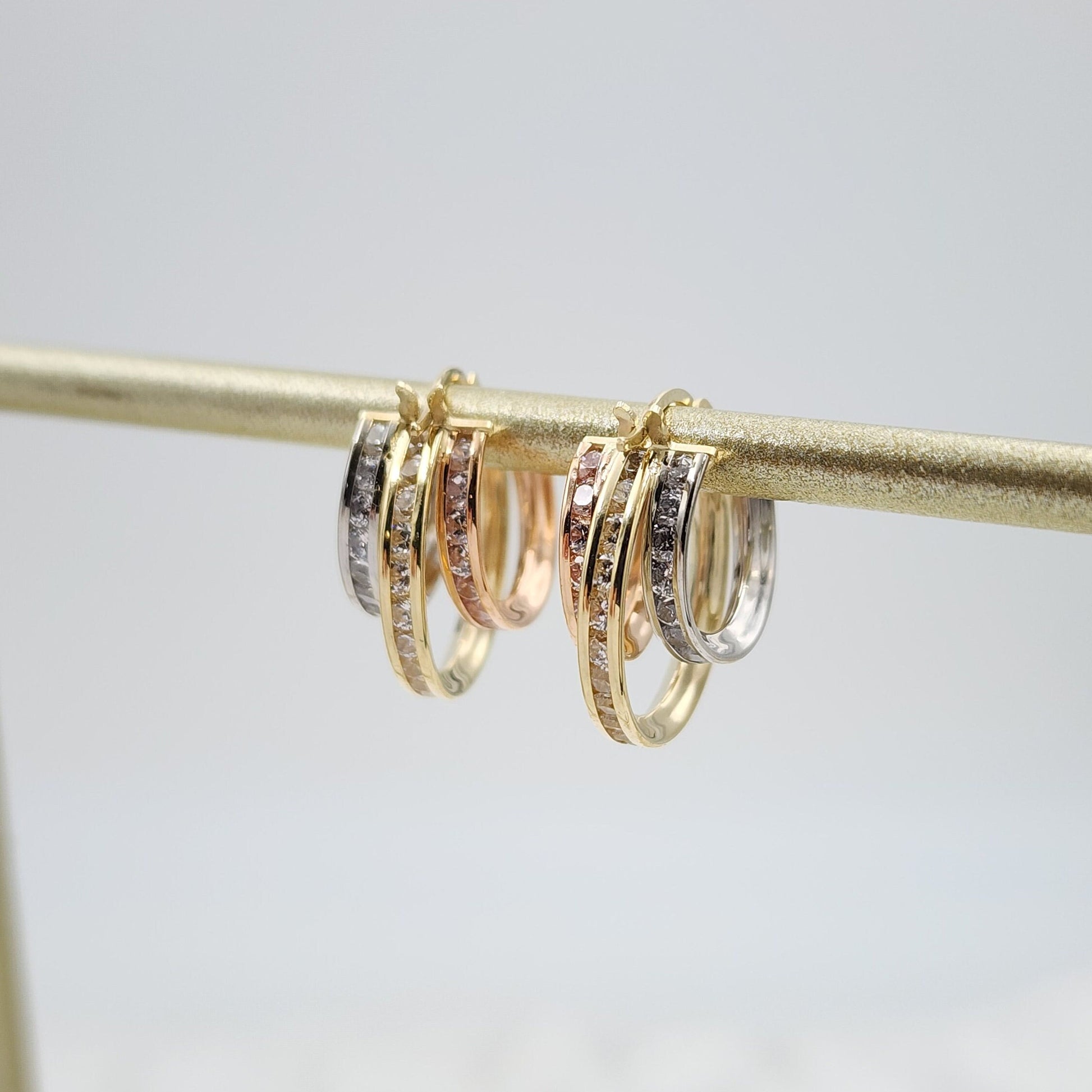 Solid 14k Tricolor Gold CZ Triple Hoop Earrings - 16mm - Unique & Original - Perfect Gift For Her