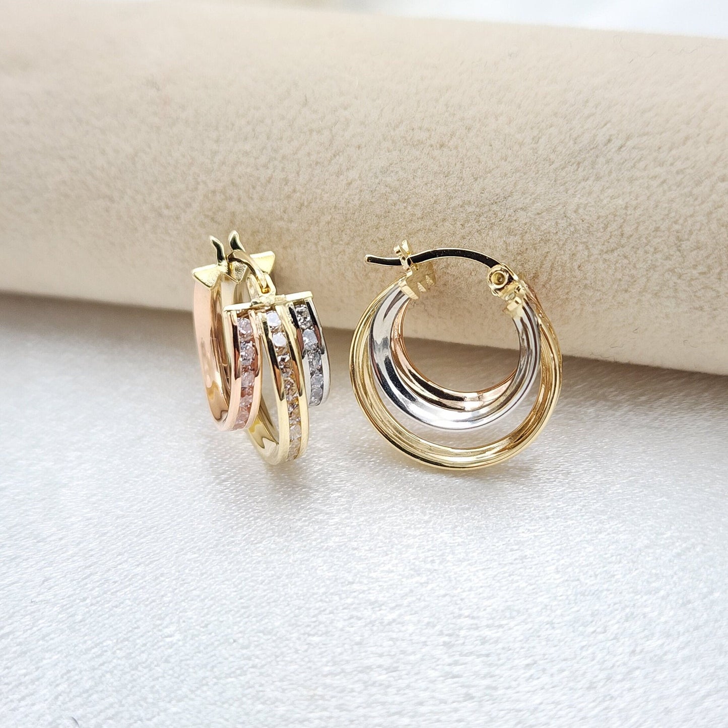 Solid 14k Tricolor Gold CZ Triple Hoop Earrings - 16mm - Unique & Original - Perfect Gift For Her