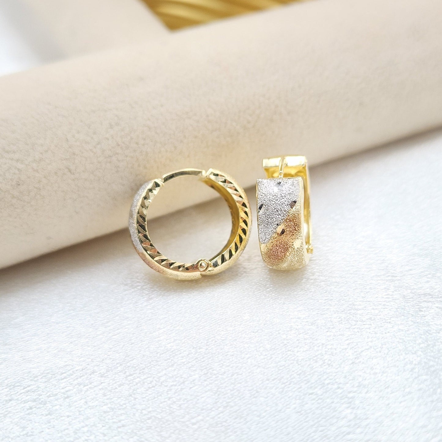 Tricolor 14k Gold Textured Huggie Earrings - 17mm , 6mm Thick - Adorable Earrings