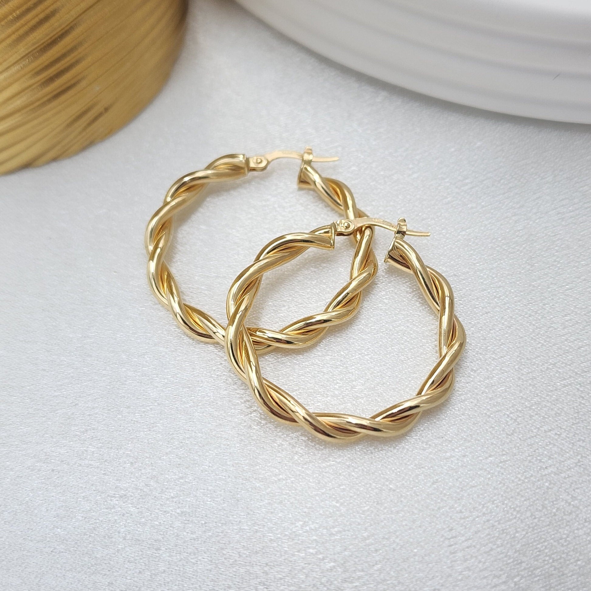 Fine 14k Gold Double Twisted Polished Hoops Earrings - 32mm - 4mm Thick - Elegant & Unique - Gift For Her