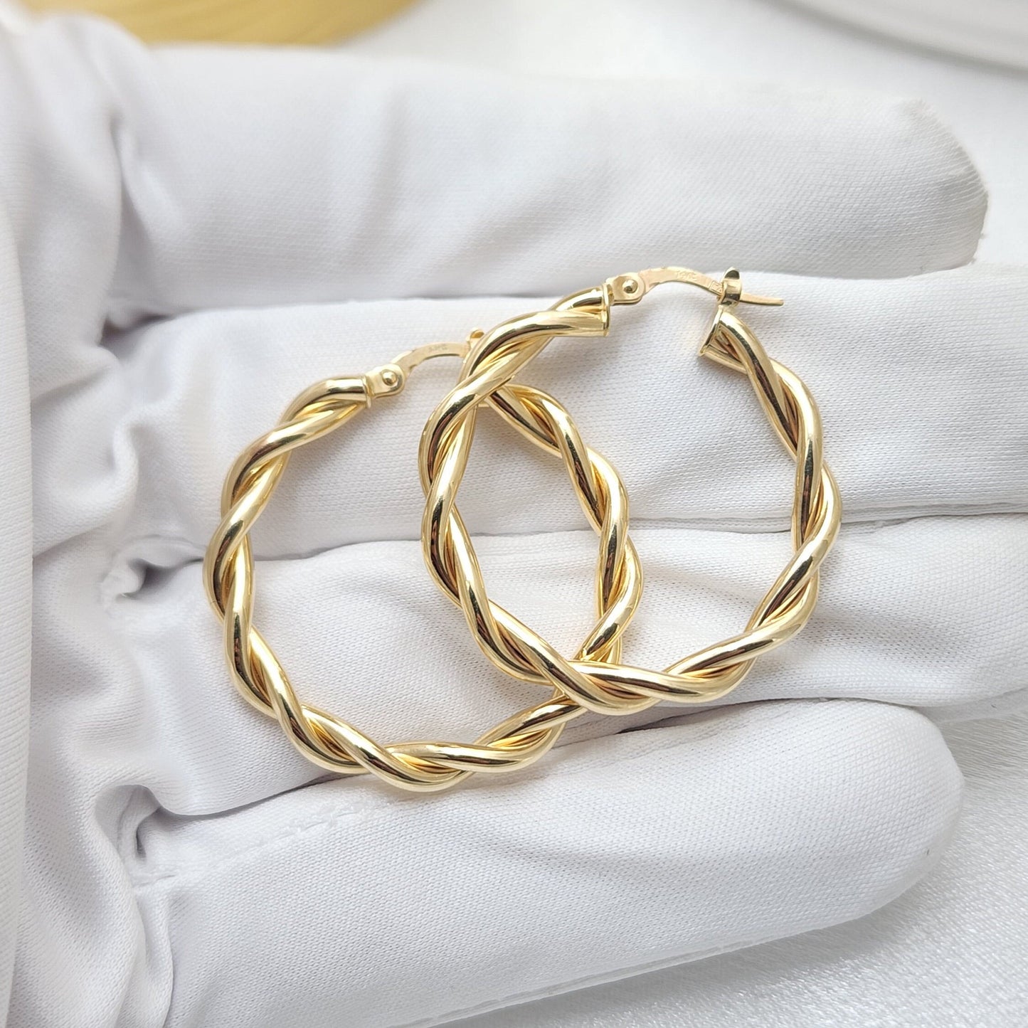 Fine 14k Gold Double Twisted Polished Hoops Earrings - 32mm - 4mm Thick - Elegant & Unique - Gift For Her