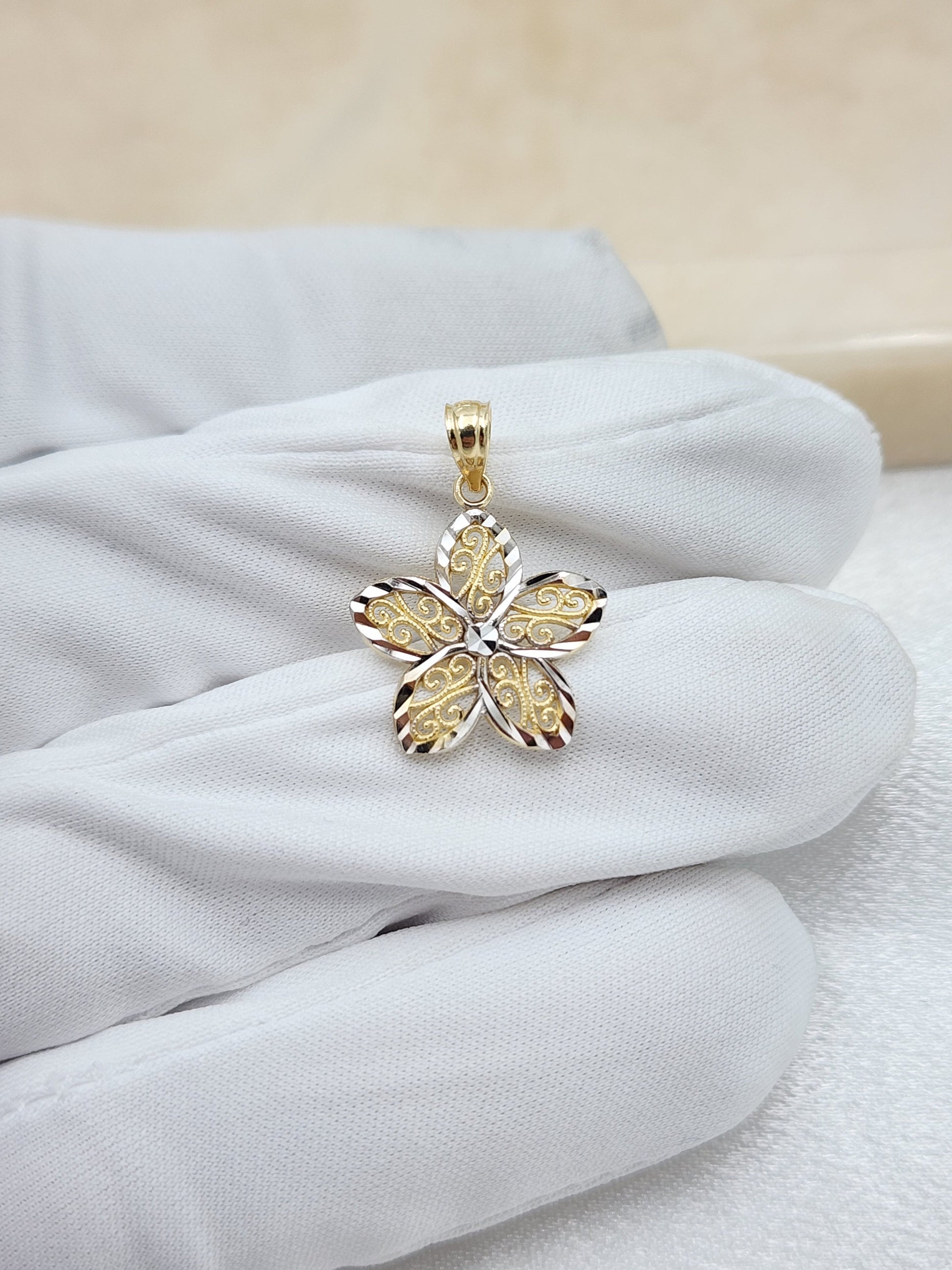 14k Gold 2 Tones Diamond Cut Flower Charm - Perfect Gift - For Her - Unique Jewelry