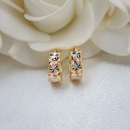 Elegant 14k Tricolor Gold Diamond Cut Textured Huggies Earrings - Elegant and Modern - For Her