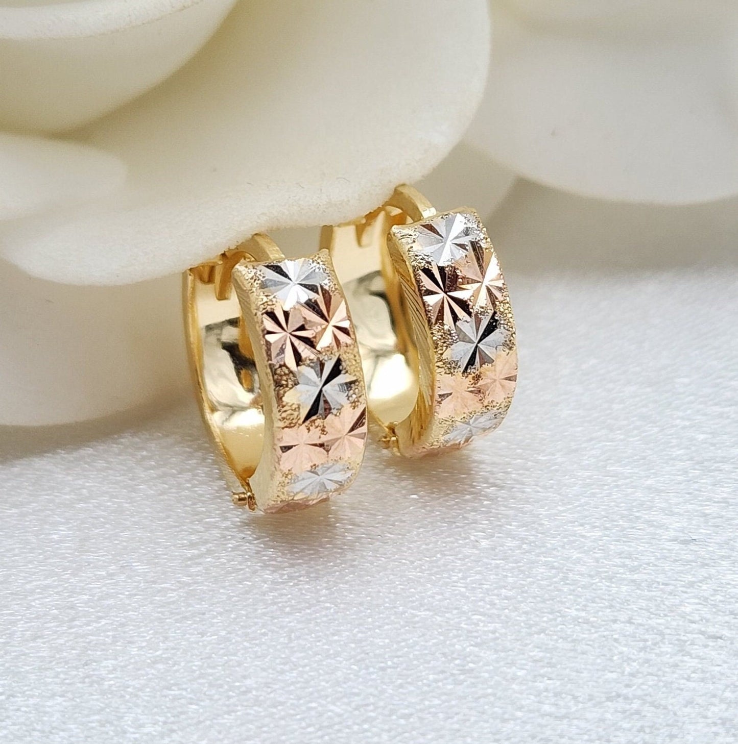 Elegant 14k Tricolor Gold Diamond Cut Textured Huggies Earrings - Elegant and Modern - For Her