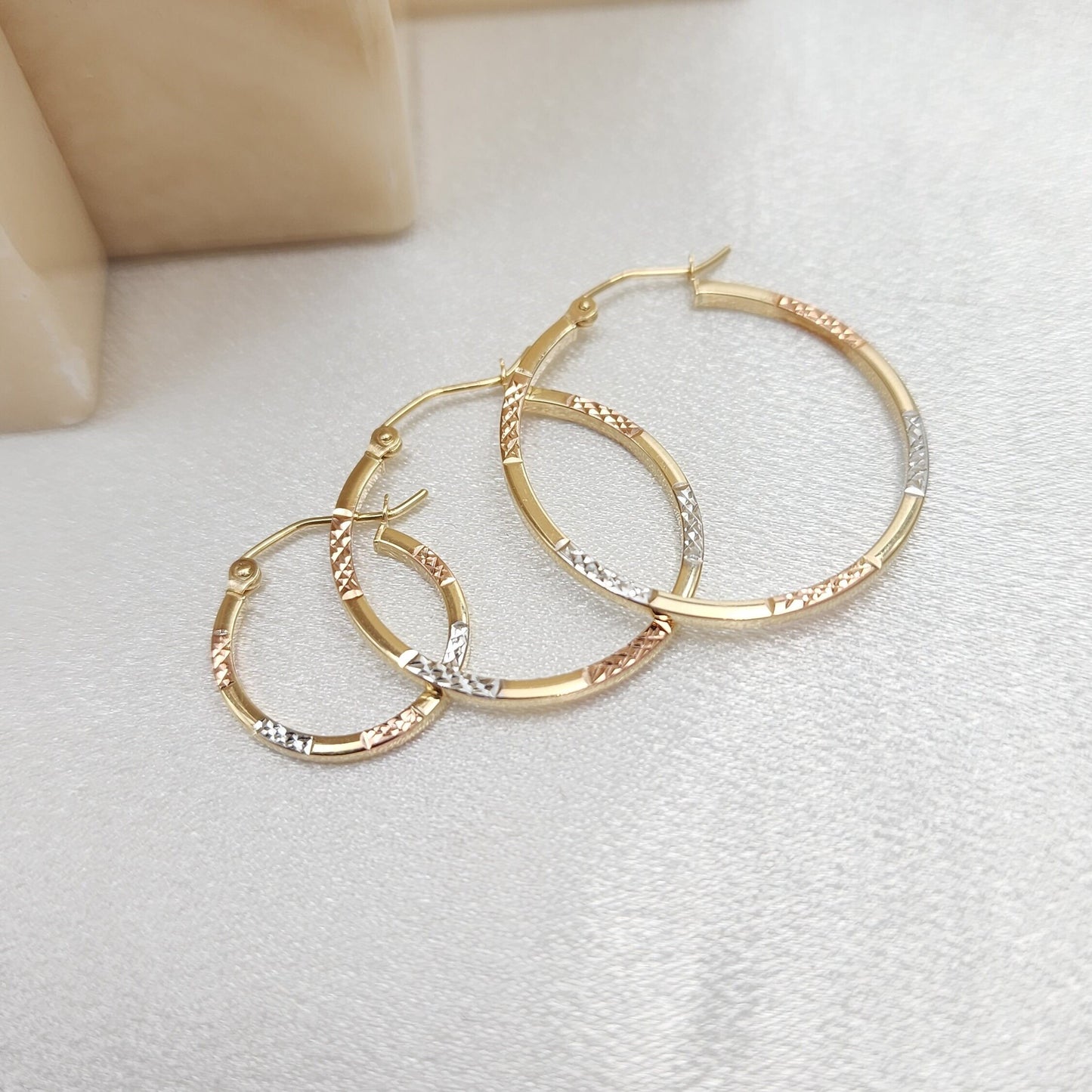 Real 14k Tri color Diamond Cut Gold Hoop Earrings - 1.5mm - 17mm - 25mm - 30mm - Thin & versatile