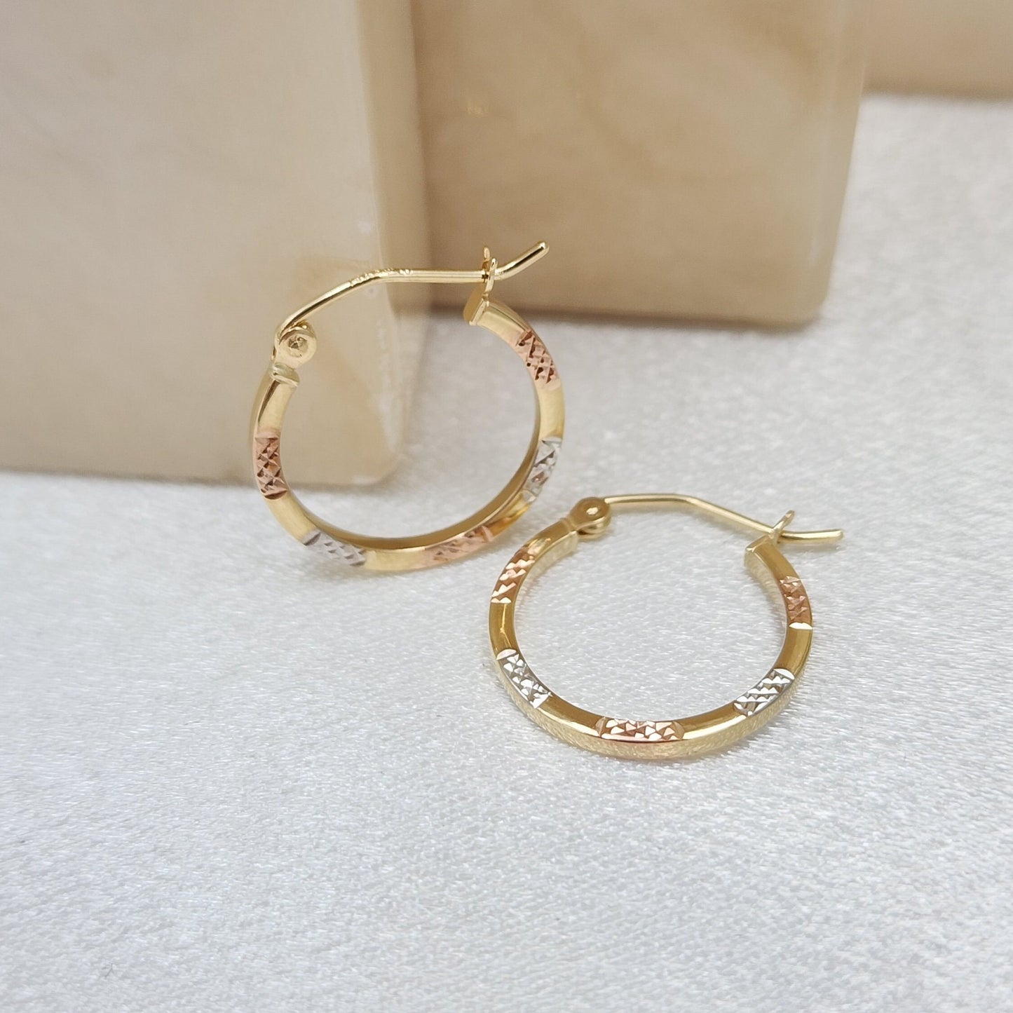 Real 14k Tri color Diamond Cut Gold Hoop Earrings - 1.5mm - 17mm - 25mm - 30mm - Thin & versatile