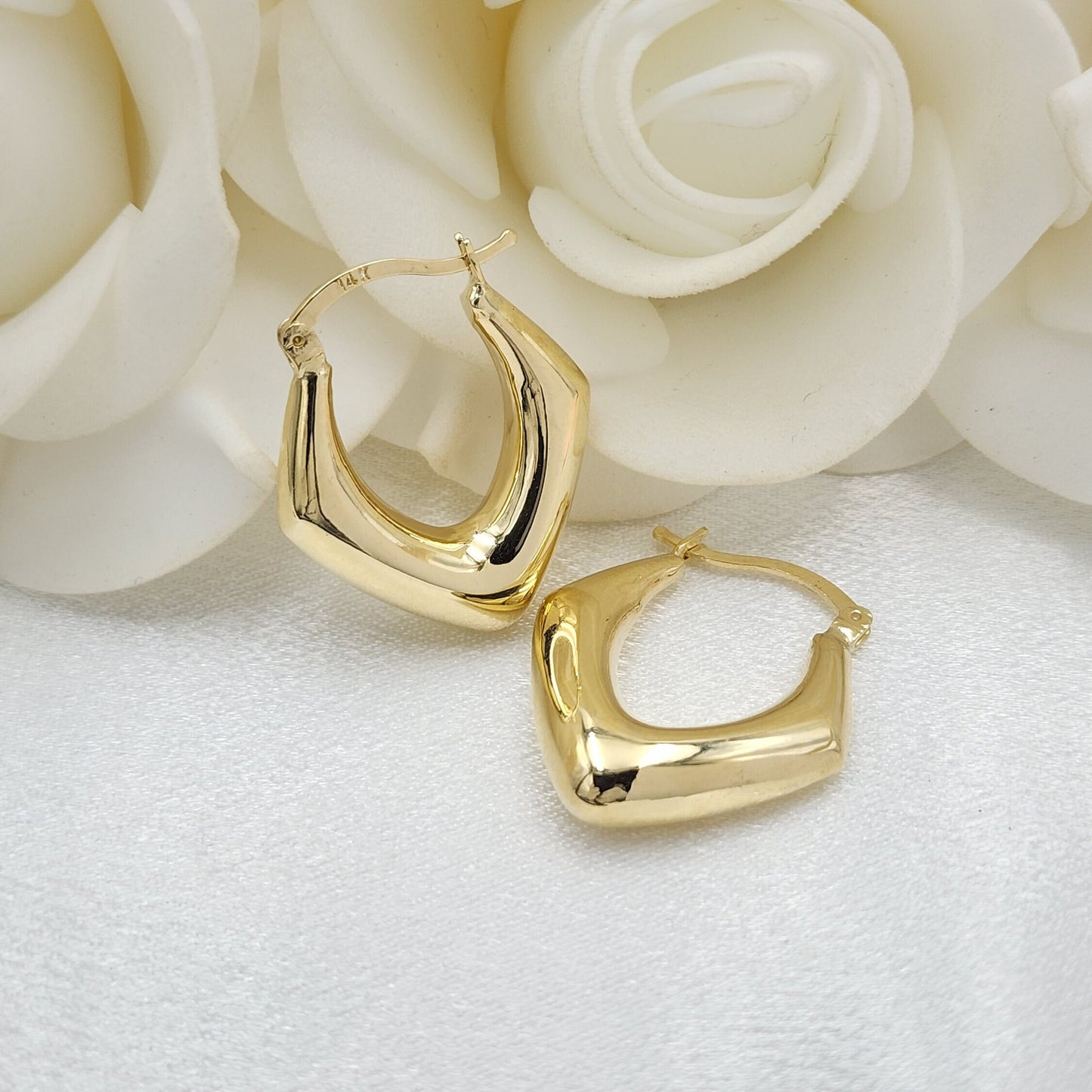 14k Gold Triangular Polished Chunky Hoop Earrings - 7mm Thick - Fancy & Elegant