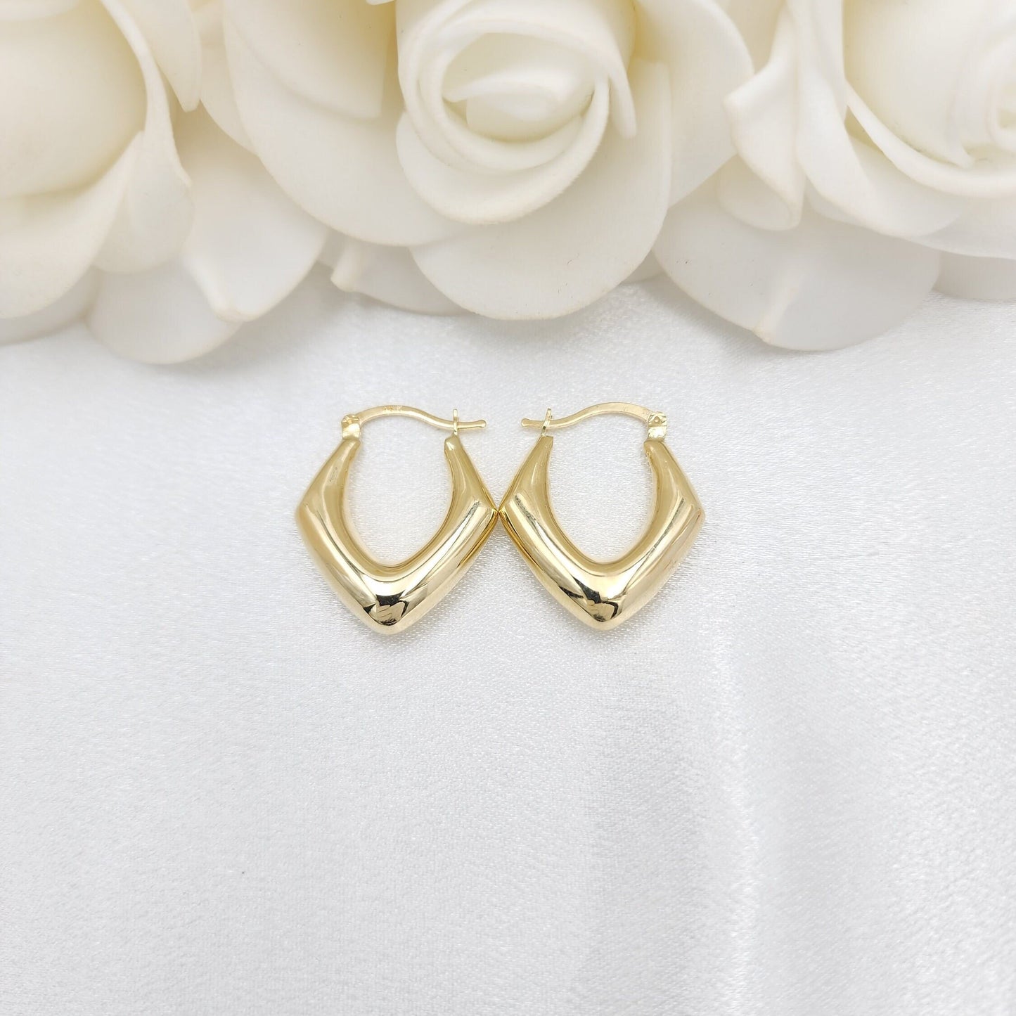 14k Gold Triangular Polished Chunky Hoop Earrings - 7mm Thick - Fancy & Elegant