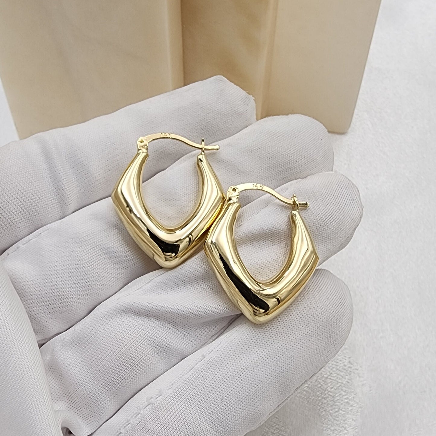 14k Gold Triangular Polished Chunky Hoop Earrings - 7mm Thick - Fancy & Elegant