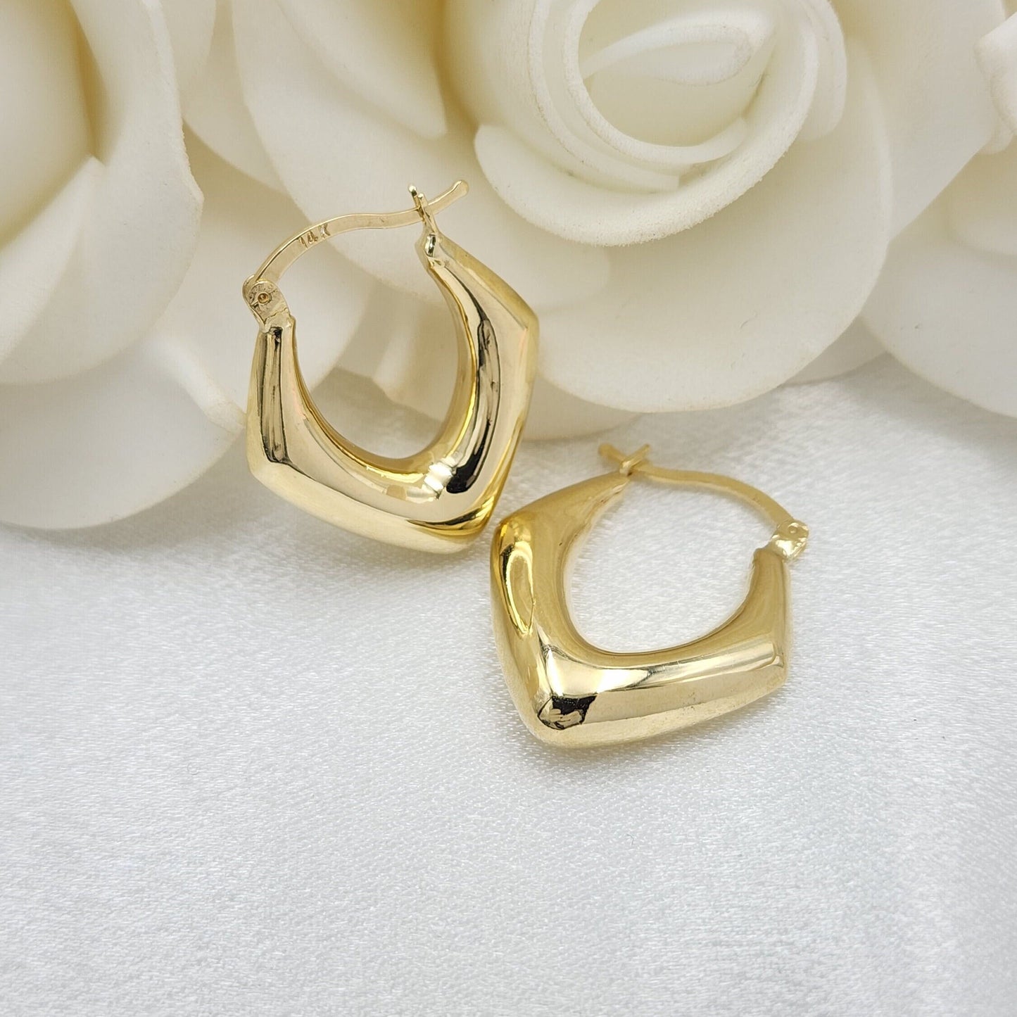 14k Gold Triangular Polished Chunky Hoop Earrings - 7mm Thick - Fancy & Elegant