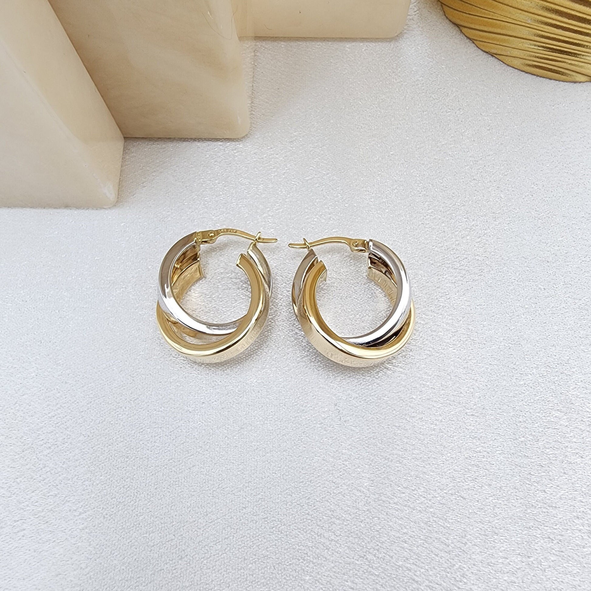 14k 2 Toned Polished Criss-Cross Hoop Earrings - 9mm Thick - Modern Jewlery