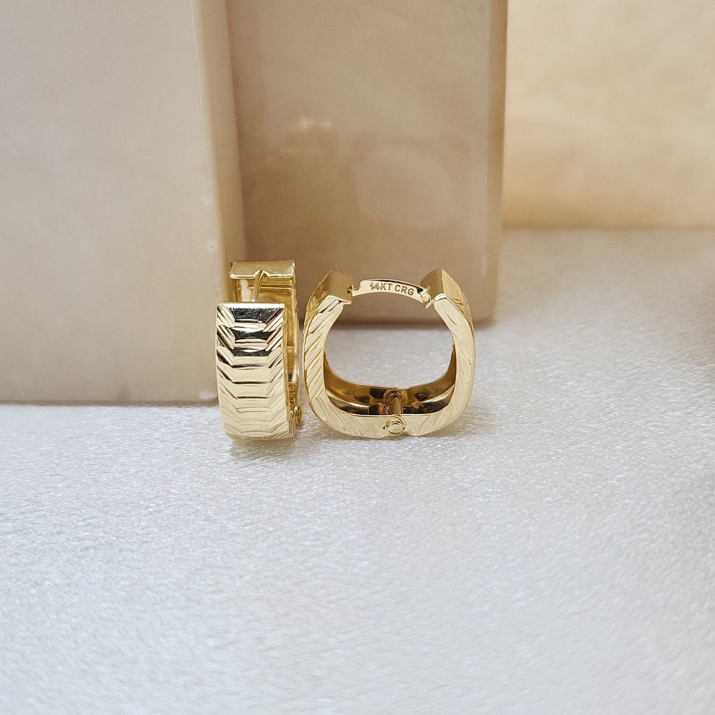 14k Gold Squared Diamond Cut Huggie Earrings - 14mm, 5.5mm thick - Shiny Earrings