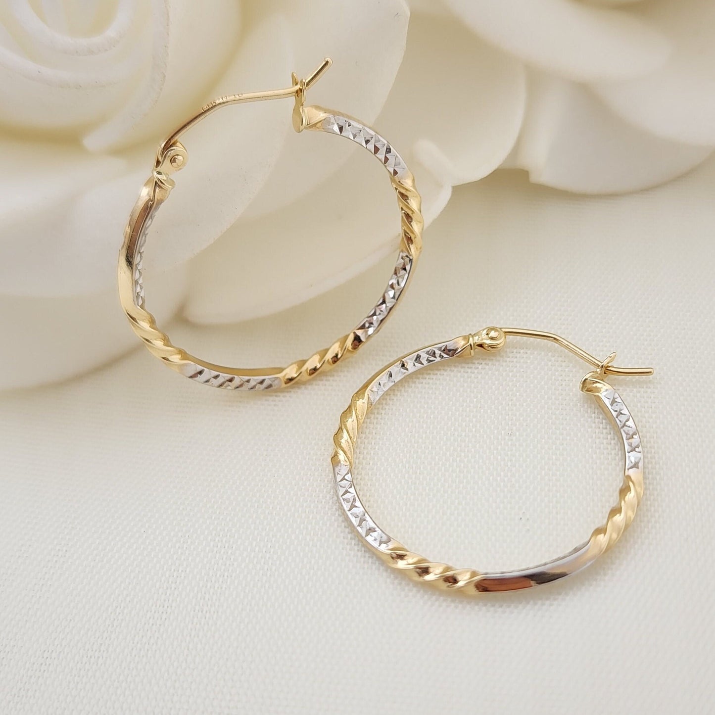 Real 14k Gold Diamond Cut Twisted Hoop Earrings - 20MM, 35MM, 45MM - For Her