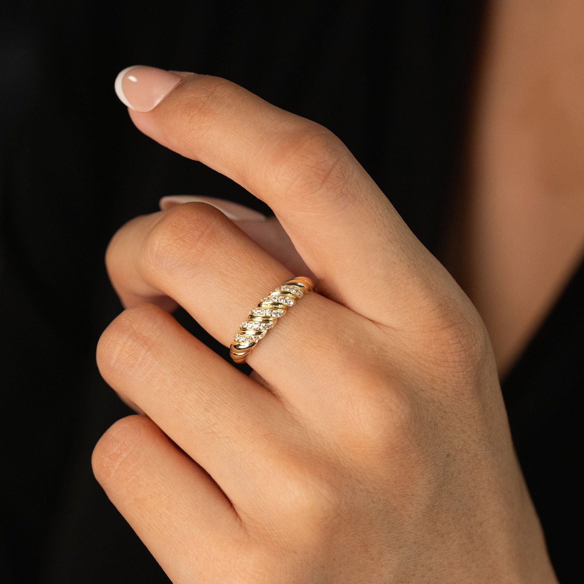 Solid 14k Gold Pave Croissant Ring - Elegant & Shiny Gold Ring - Perfect Gift For Her - Briza Fine Jewelry