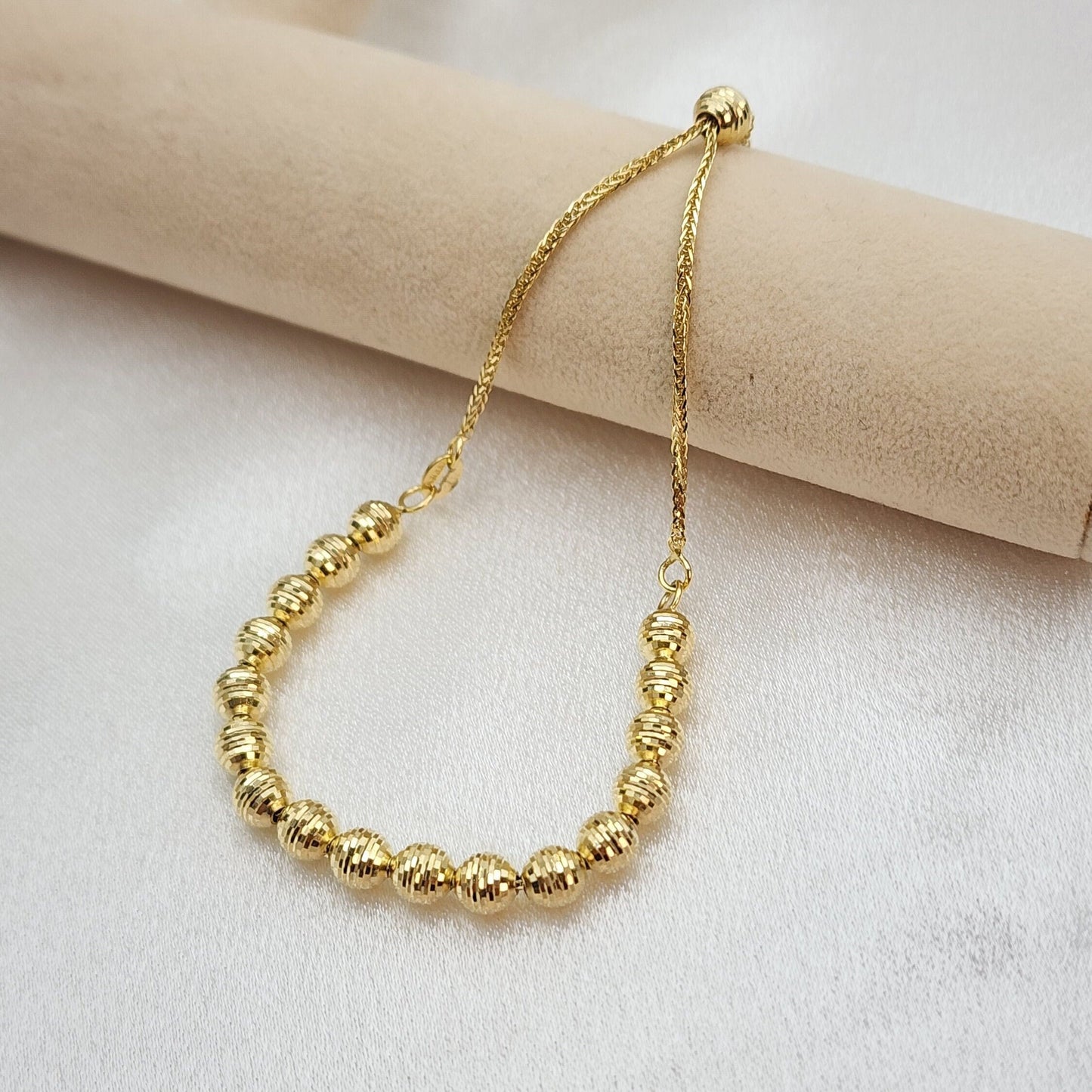 Real 14k Gold Diamond Cut 5mm Beads Bracelet - Fully Adjustable Bracelet - Unisex