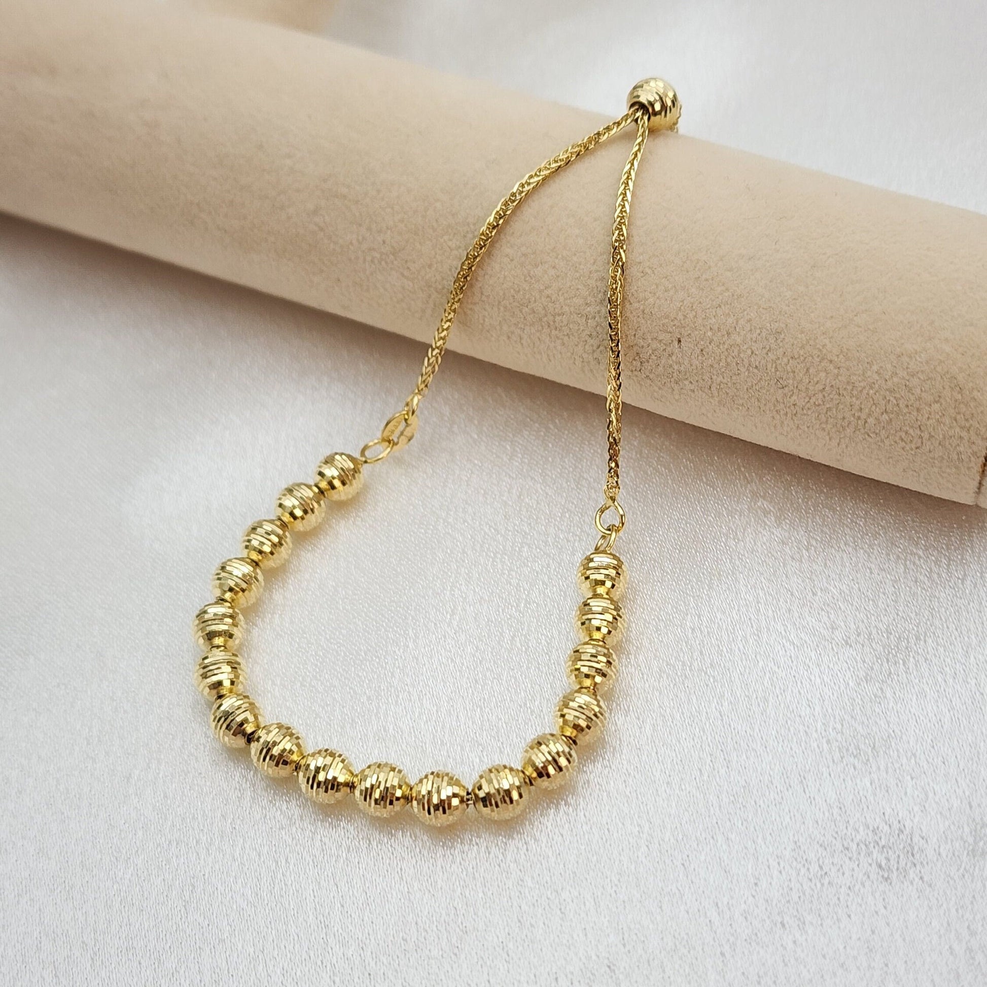 Real 14k Gold Diamond Cut 5mm Beads Bracelet - Fully Adjustable Bracelet - Unisex