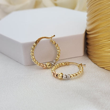 Shiny Solid 14k Tri-color Gold Diamond Cut Beaded Hoop Earrings - 24mm & 21mm - Modern And Unique 14k Jewelry