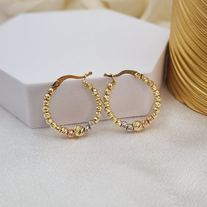 Shiny Solid 14k Tri-color Gold Diamond Cut Beaded Hoop Earrings - 24mm & 21mm - Modern And Unique 14k Jewelry